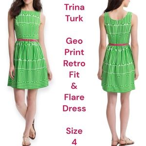 Trina Turk green and white retro mod geo print fit and flare dress size 4